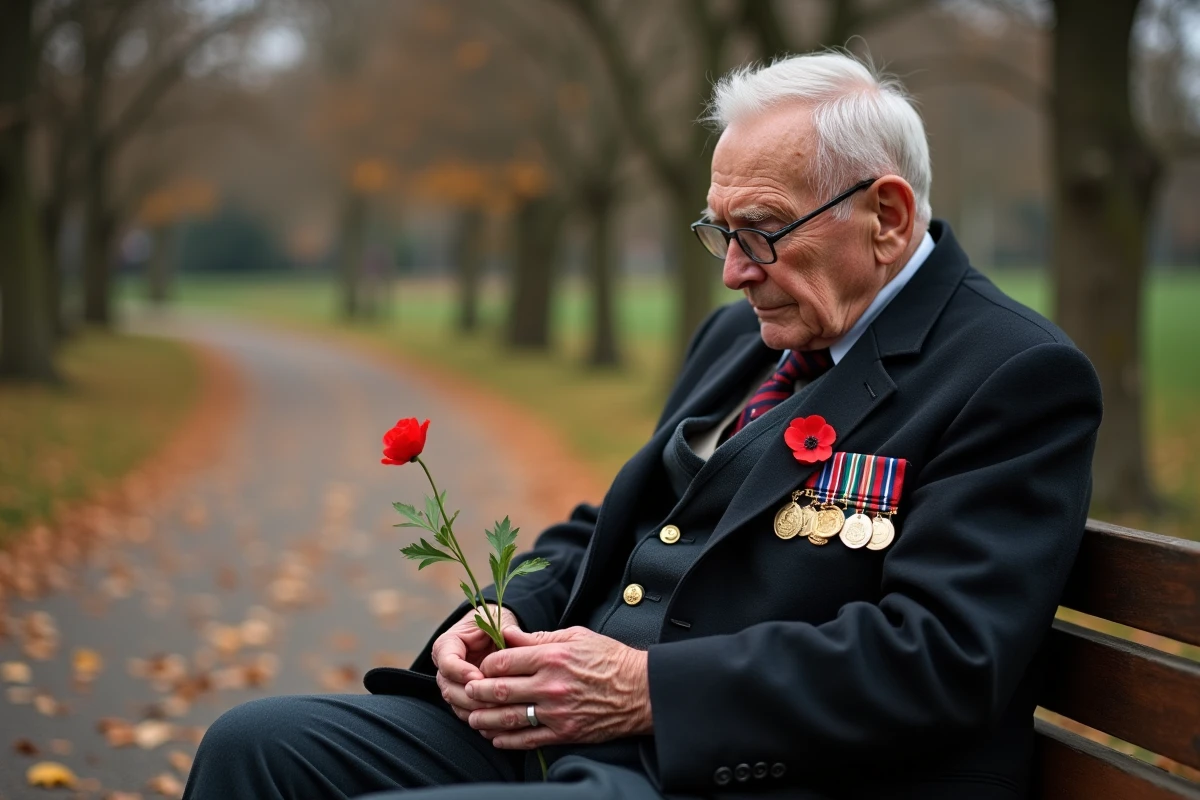 Vétéran militaire âgé tenant un coquelicot rouge dans un parc en automne, médailles sur sa veste