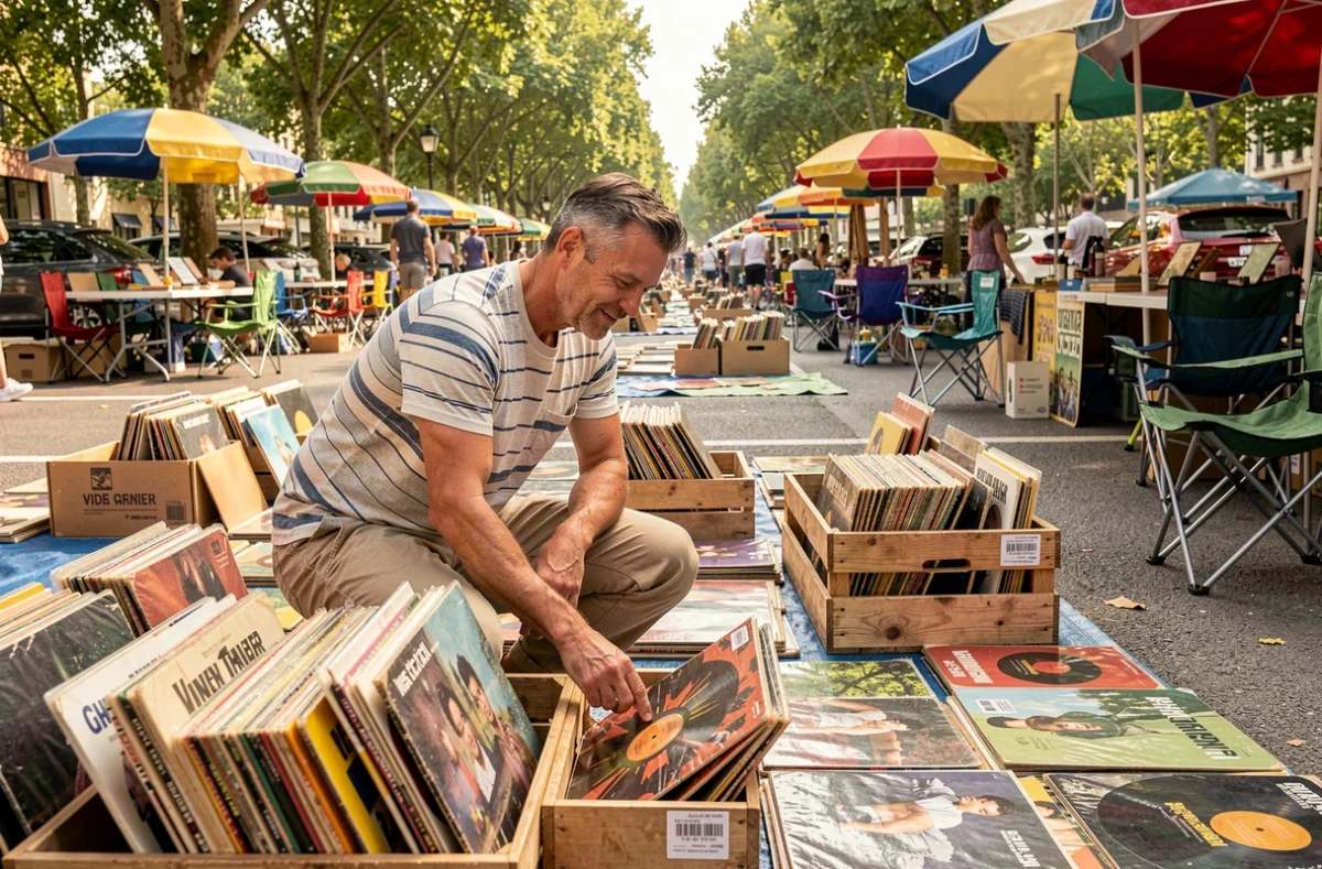 Homme cherchant des vinyles dans un bac au vide grenier en plein air dans le 49