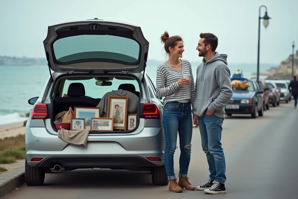 Couple vendant des objets au coffre de leur voiture lors d'un vide grenier au bord de mer à Brest