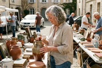 Femme examinant un vase vintage sur un stand de vide grenier en plein air dans le Maine-et-Loire