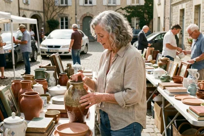 Femme examinant un vase vintage sur un stand de vide grenier en plein air dans le Maine-et-Loire