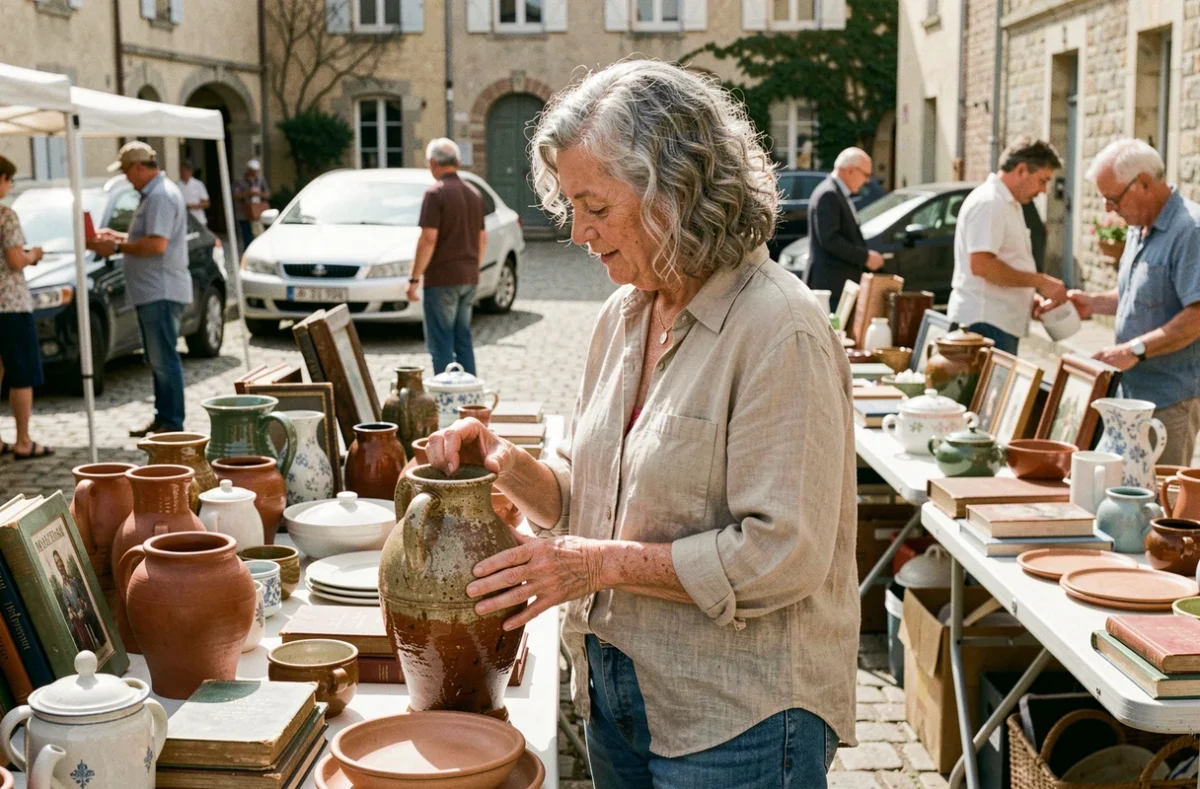 Femme examinant un vase vintage sur un stand de vide grenier en plein air dans le Maine-et-Loire