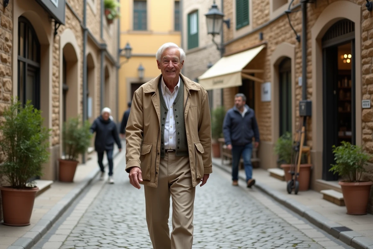 Homme âgé marchant dans une place de village charmante